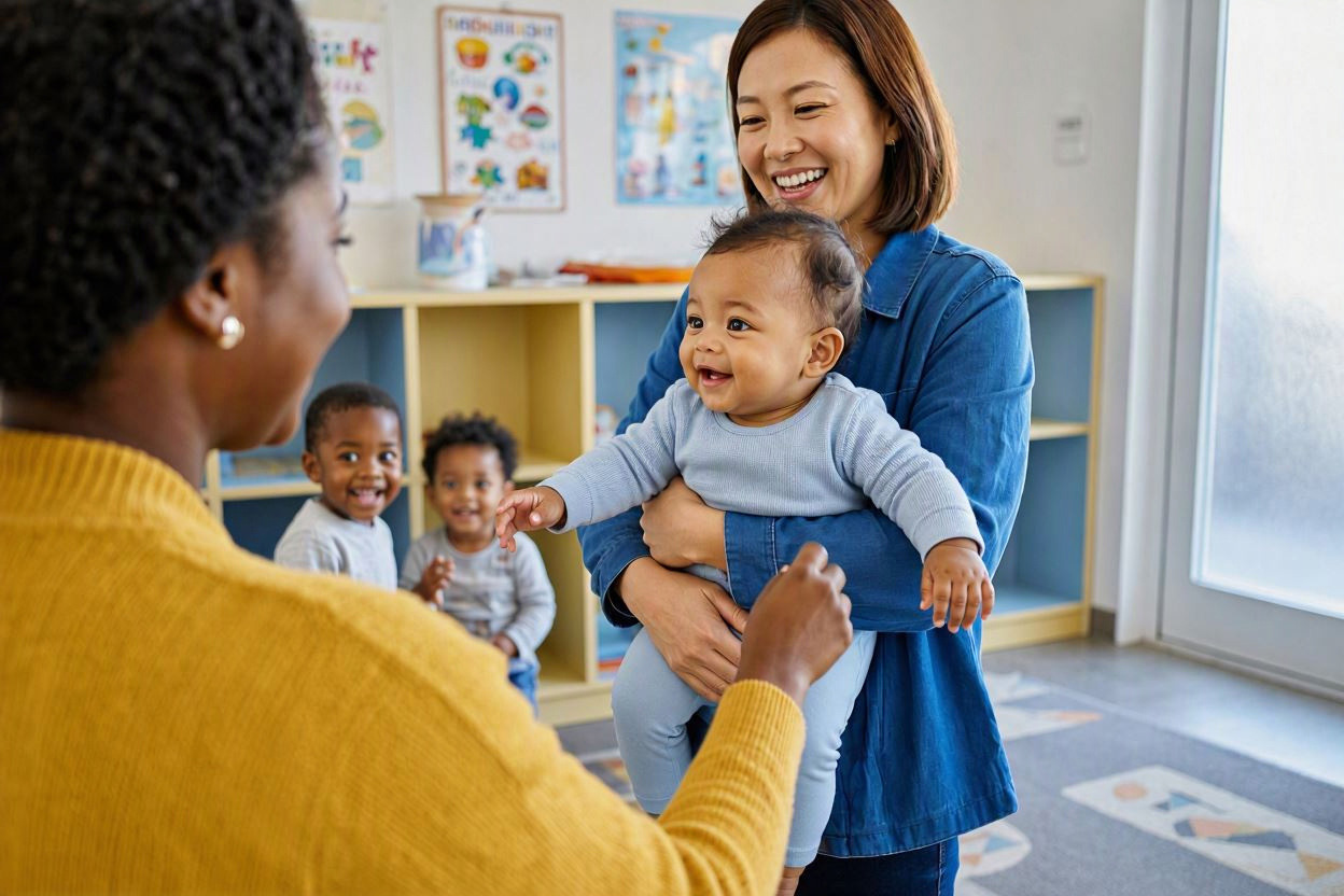 Baby arriving at a childcare and happily seeing his caregiver teacher.