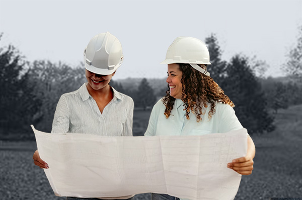 Two women holding a blueprint for new construction